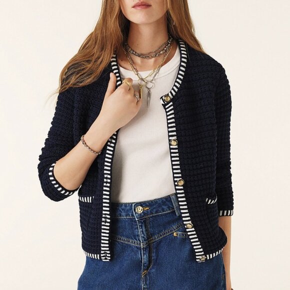 Ba&sh Gaspard Knit Cardigan Navy White French BEST Classic - Picture 2 of 11